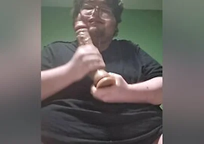 Fat Male In Chastity Sucking A Dildo And Drooling Like A Waterfall