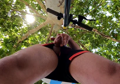 Bulging Young Man Moans with Pleasure in Park Jerking off a Summer Handjob