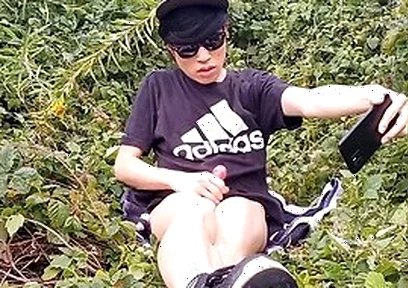 Cute French-asian Gay Twink Jerks Off His Shaved Cock Outside Cums Thick Cum Sticking To His Fingers