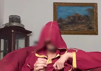 Arab Guy Wearing Jellaba Showing off and Edging His Fat Muslim Dick Before Cumming