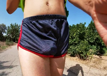 So Hot! Running with My Erect Cock Out Wearing Shiny See Thru Cock Sport Shorts