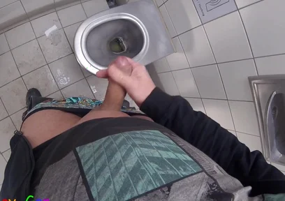 I Pee and Jerk off My Thick, Shaved Foreskin Cock Until I Cum a Large Load in a Motorway Toilet.