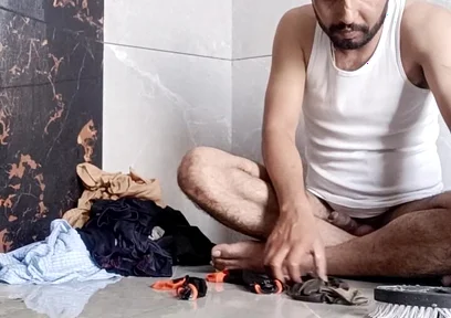 Desi young boy enjoy washing father's underwear