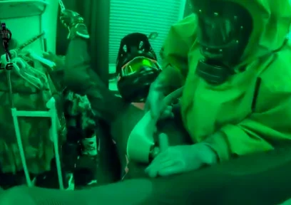 Hazmat gear boys fucking biker in sling