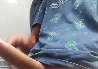 Hot Handsome Shows You His Huge Hard Penis Squirting On The Bathroom Floor