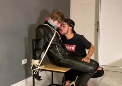 Bound leather boy cum load