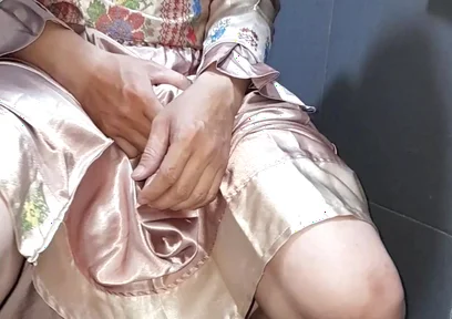 Crossdresser Wearing Satin Set Masturbation
