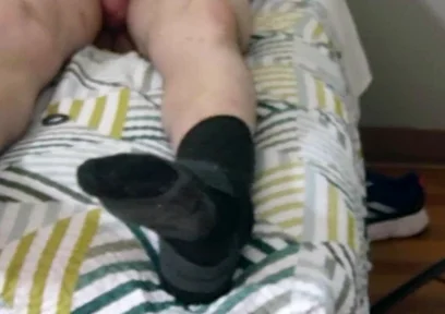 Laying Down on Bed Jerking off with Socks on See My Size 15 and Massive Legs as U