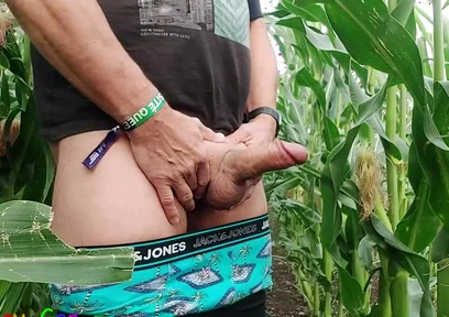 Dirty Jerking off My Big Cob in the Cornfield, Showing My Asshole and Squirting Cream on a Leaf.
