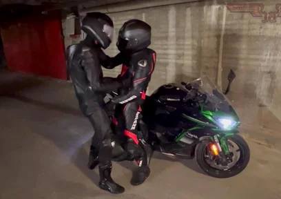 Biker gear gloved leather suit cuming