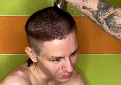 Alex Cuts Naked Evgeny's Hair in the Bathtub!