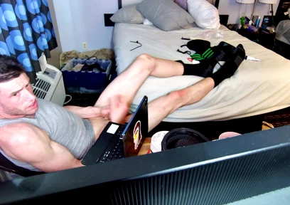 Jerk off with Feet on Bed with Socks Pulled to Calves as I Bust Grunting Hard in Chair