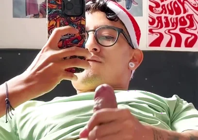 Sexy Guy with Glasses Masturbates in Front of the Mirror Until He Cums