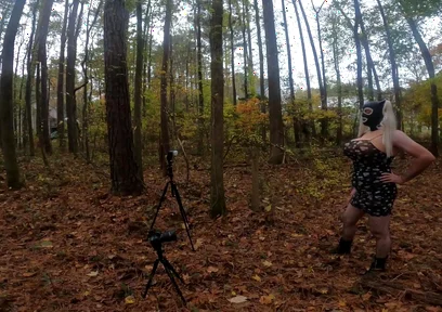 Giant Fake Tits Crossdresser Walk in the Woods Behind the Scenes Photo Shoot