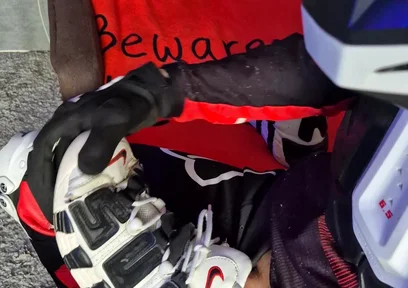 An Excited Guy in Motorcycle Gear Fucks His Sneakers