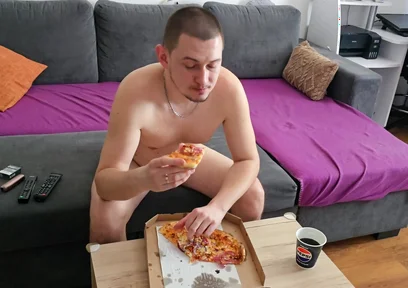 Eating Pizza and Watching TV Completely Naked