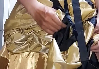 Gold Satin Silk Longdress Evening Gown Masturbation