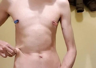 Eat your cum, slave! With binder clips