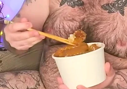 Stepdaddy Stuffs His Face with a Takeaway and Enjoys It so Much He Wanks with the Sauces!