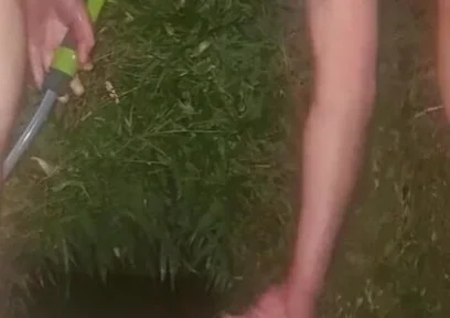 Clean Pressure Enema with Ass Lips and Pissing - Outdoor Garden Hose Anal