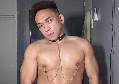 Asian Twink Jerks off with Nipple Clamps for Huge Load