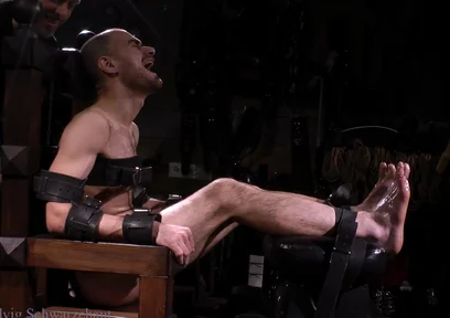 Confident Muscle on Throne: Oiled Feet Tickled with Epilator & Tools