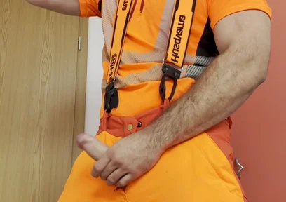 Lumberjack in Hivis Jerks His Huge Cock and Muscle Worship