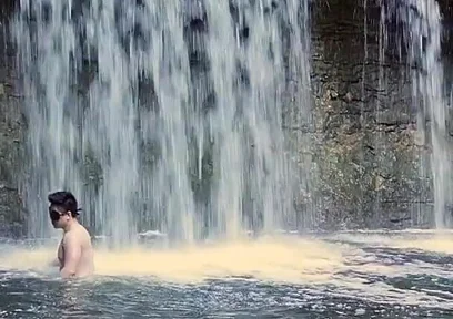 Muscular Asian Hunk Flexes in Speedo by Waterfall - Tight Ass & Hole Tease, Strips Naked & Explodes with Massive Cumshot