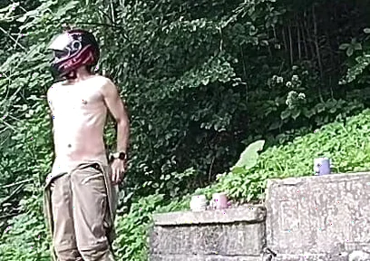 Jerking off in Public on the Road Near a Spring, Caught by a Young Man Masturbating Completely Naked