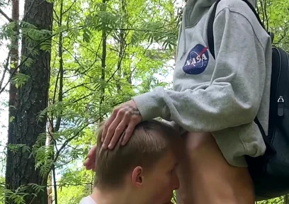 Teen twinks Matty and Aiden were almost caught when they had an outdoor blowjob