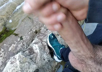 Handsome Gives Perfect Cumshot From Nice Big Hard Cock Spit in Front of River Waterfall