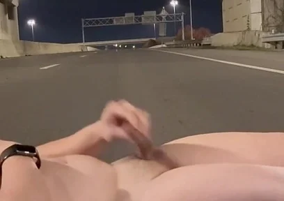 Naked Muscled Asian Walks to the Middle of an Empty Road at Night, Flexes Hard & Shoots a Massive Load