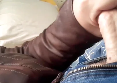 Jerk and Cum on New Brown Leather Jacket