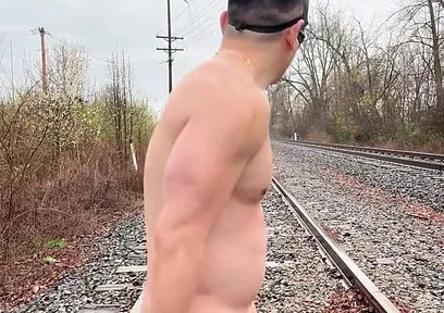 Rain-soaked Asian Muscle God in Jockstrap Bounces Pecs, Shows V-taper & Eats His Massive Load on Train Tracks
