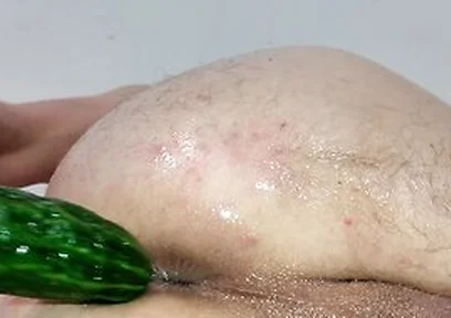 Close Up Cucumber Insertion With Massage Oil And Precum As Lube