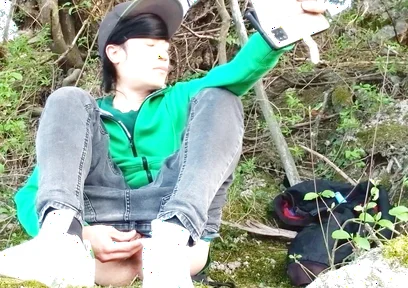 Risky Masturbation Outdoors a Man's Voice Caught This Cute Gay Twink with His Balls Hanging Out, Jerking off His Uncut Foreskin