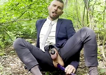 Suited Gentleman Is Spreading Legs Like Slut And Plays With His Malepussy With Locked Dick With Power Bottom