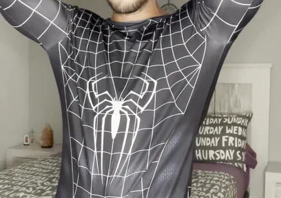 Big Cumshot with My Big Cock and No Hands! Spiderman Outfit
