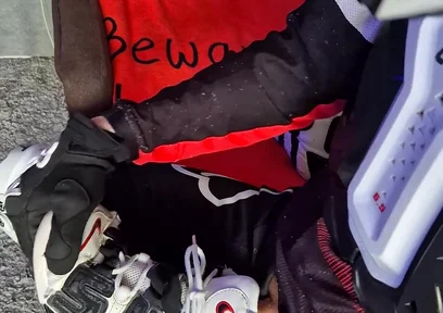 An Excited Guy in Motorcycle Gear Fucks His Sneakers