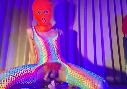 Orange Balaclava Mask Sissy Trans Dyed Pubic Hair Fuck Myself with Dildo