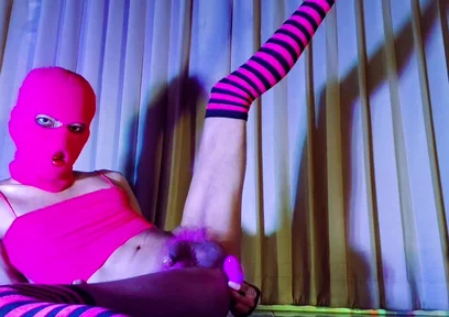 Pink Balaclava Mask Sissy Dyed Pubic Hair Play with a Vibrator