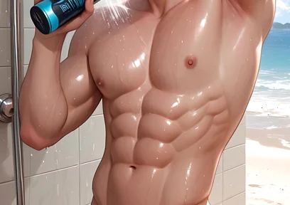 Soft Kawaii Boy in Beach Shower with Pastel Pink Hair