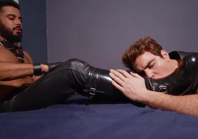 Leather master boots and feet licking cum load