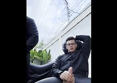 Role Play On The Bike Wearing Hot Leather, In A Hot Outddoors, And Cumming A Huge Load