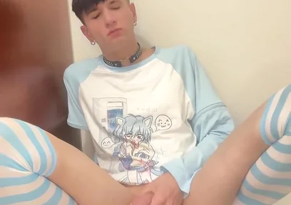 Blue Femboy Having Fun with New Toy