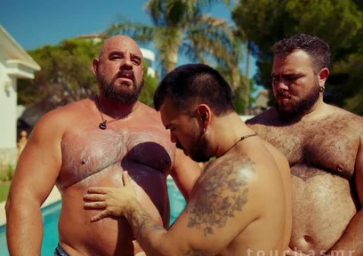 Poolside Cream Rubdown: Four Hands Slick up a Needy Sub, Sandwiched