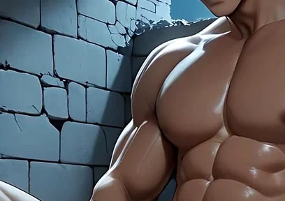 East Asian Handsome Boy Jerking in Library Toilet Under Moonlight Ruins