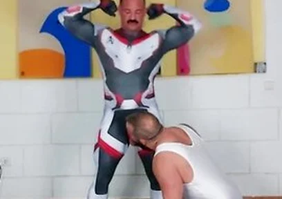 Muscle Daddy - Muscle Man Tries On Spandex Cosplay Suit With The Help Of His Muscle Stepdaddy