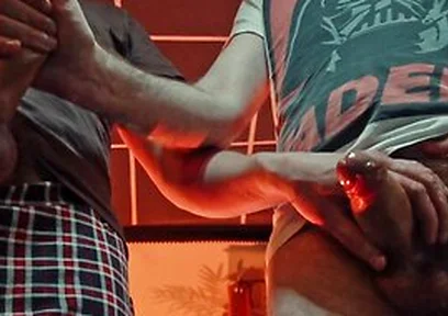 Two Men Jerk Off Each Other Their Big Hairy Dicks And Cum Copiously Right On Your Face. Pov