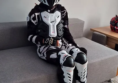 Motorcyclist in Gear Cum Hot on Himself